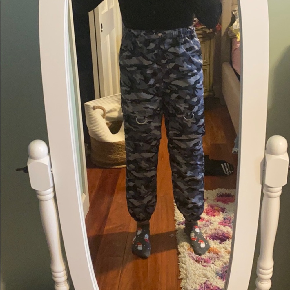 Forever 21 black and grey camouflage trash pants.